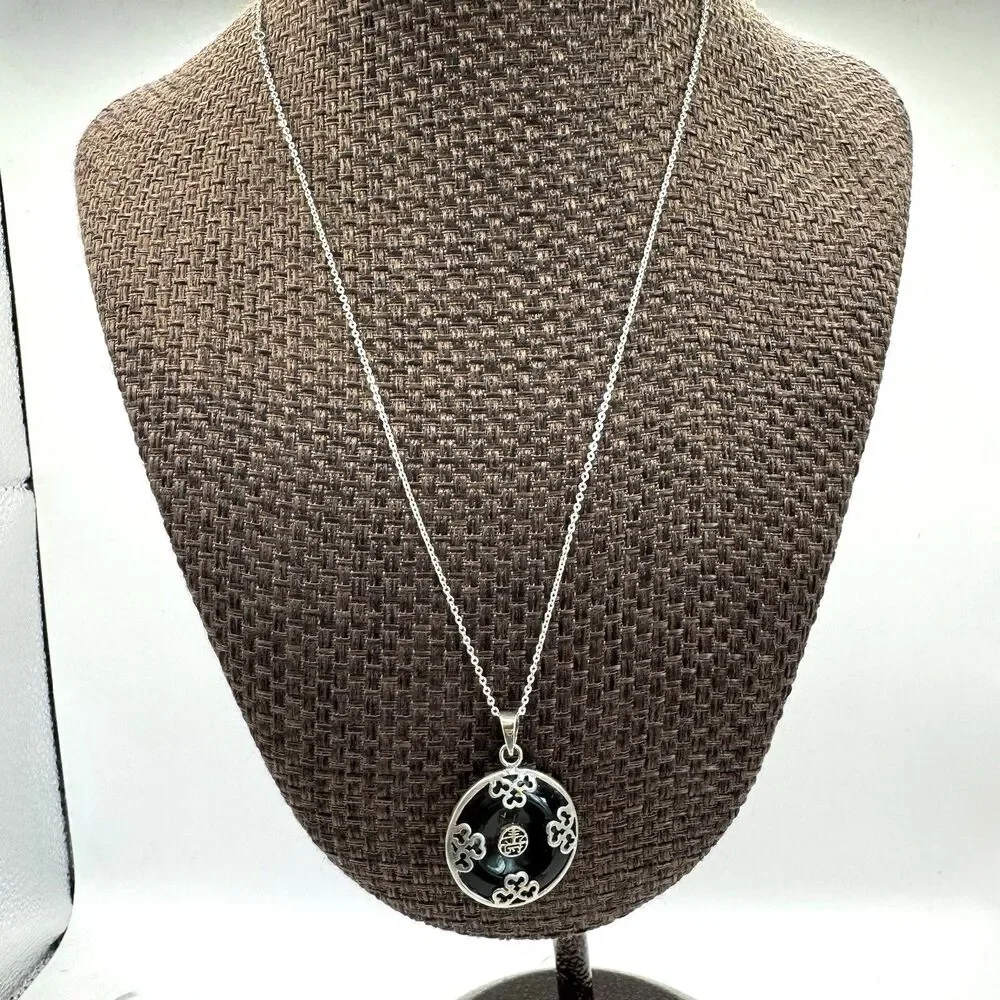 925 Italy Sterling Silver Onyx Donut Circle Necklace Chinese Characters 20”